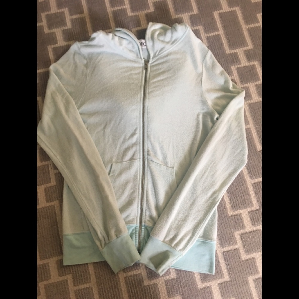 Wildfox light sea blue/green hooded zip up sweatshirt, size small
